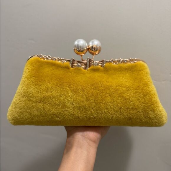 Genuine Shearling Leather “Pearl” Kisslock Clutch Bag/Evening Bag/Crossbody